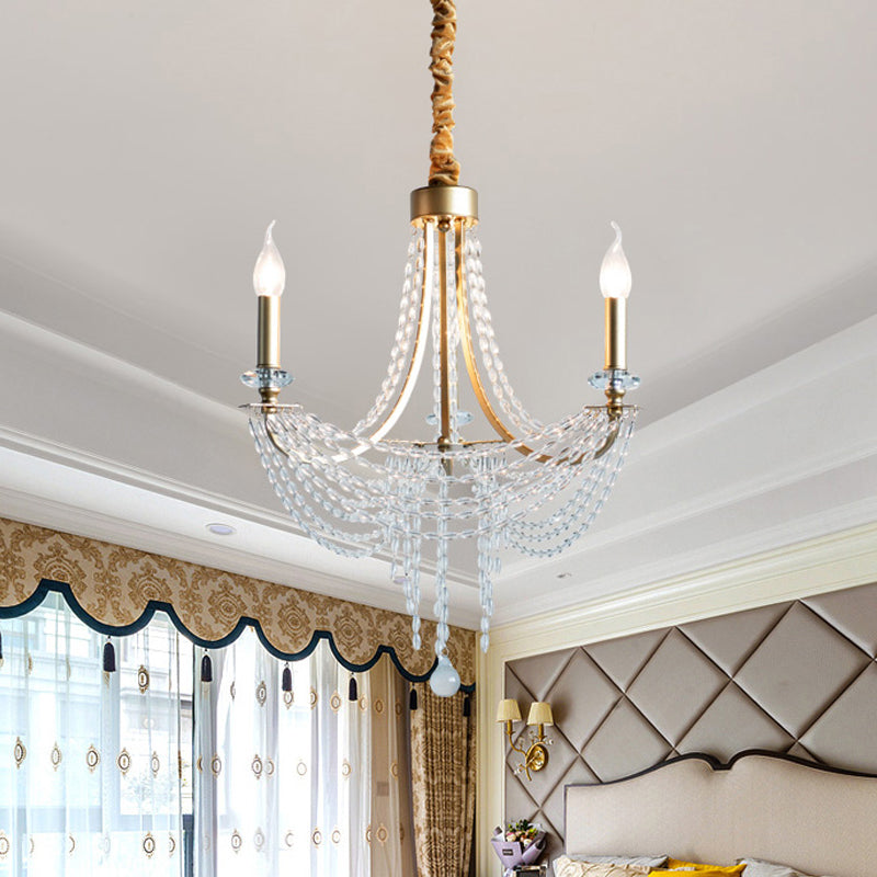 Lustre rustique à 3 têtes en fer pour chambre à coucher avec accents en cristal - Lustre à bougie à bras plongeants couleur champagne