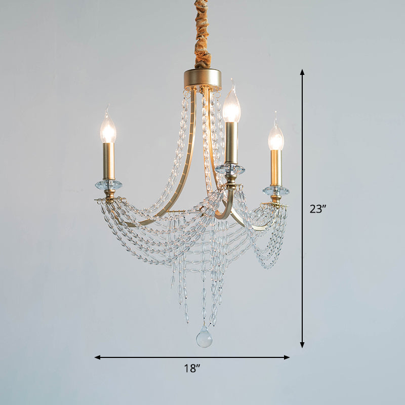 Lustre rustique à 3 têtes en fer pour chambre à coucher avec accents en cristal - Lustre à bougie à bras plongeants couleur champagne