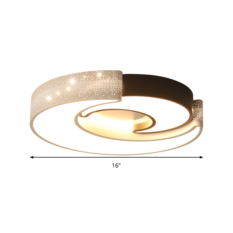 Contemporary 2-Moon LED Flush Ceiling Light for Kid's Bedroom - Metal Acrylic, Black & White