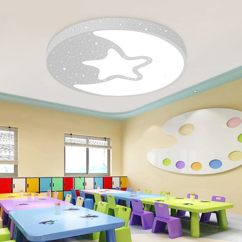 Starry Kid Bedroom Flush Ceiling Light - Crescent Metal LED Fixture in White