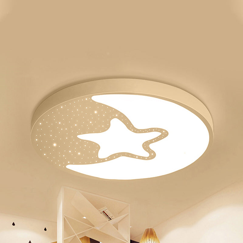 Starry Kid Bedroom Flush Ceiling Light - Crescent Metal LED Fixture in White