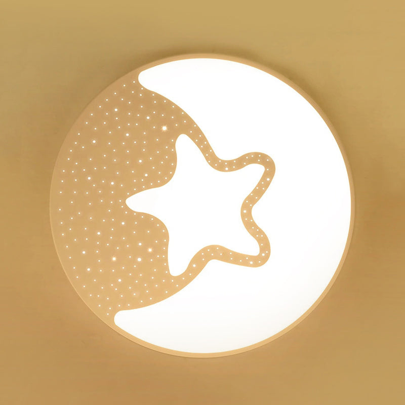 Starry Kid Bedroom Flush Ceiling Light - Crescent Metal LED Fixture in White