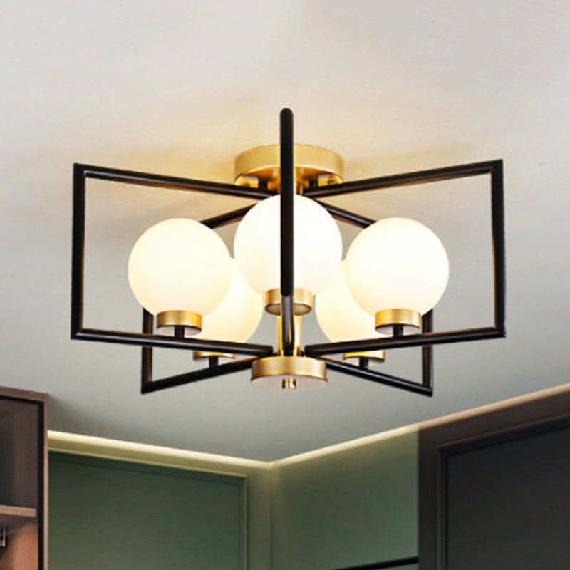 Traditional White Glass Flush Mount Ceiling Fixture With 5 Lights For Living Room