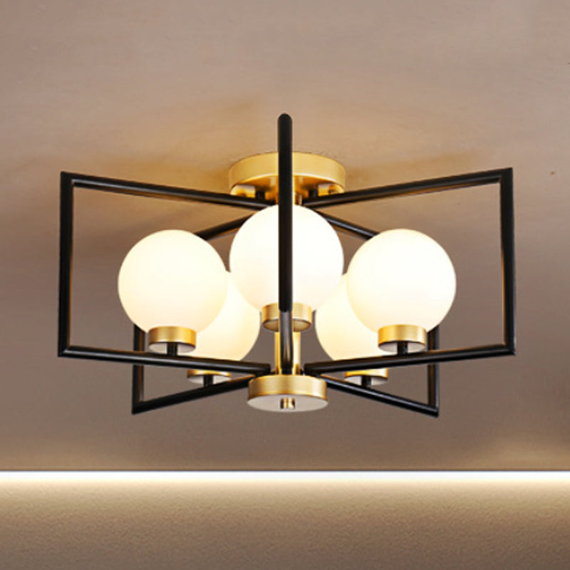 Traditional White Glass Flush Mount Ceiling Fixture with 5 Lights for Living Room