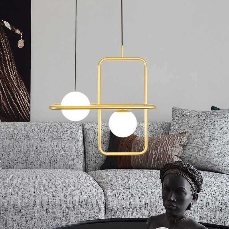 Rectangular Post Modernist Pendant Lamp With White Glass Globe And Gold Led Lights - 1/2 Light
