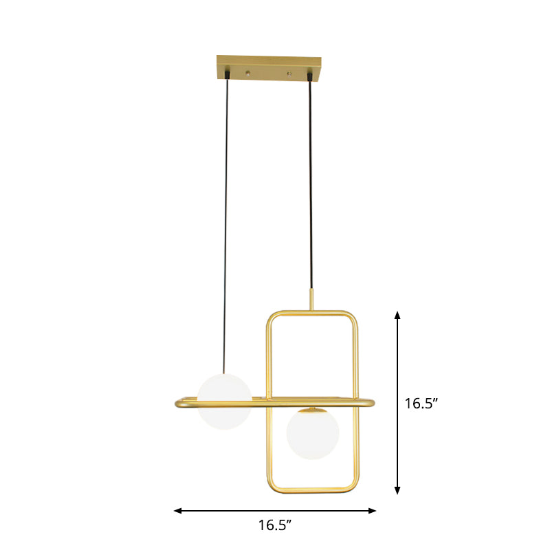Rectangular Post Modernist Pendant Lamp With White Glass Globe And Gold Led Lights - 1/2 Light