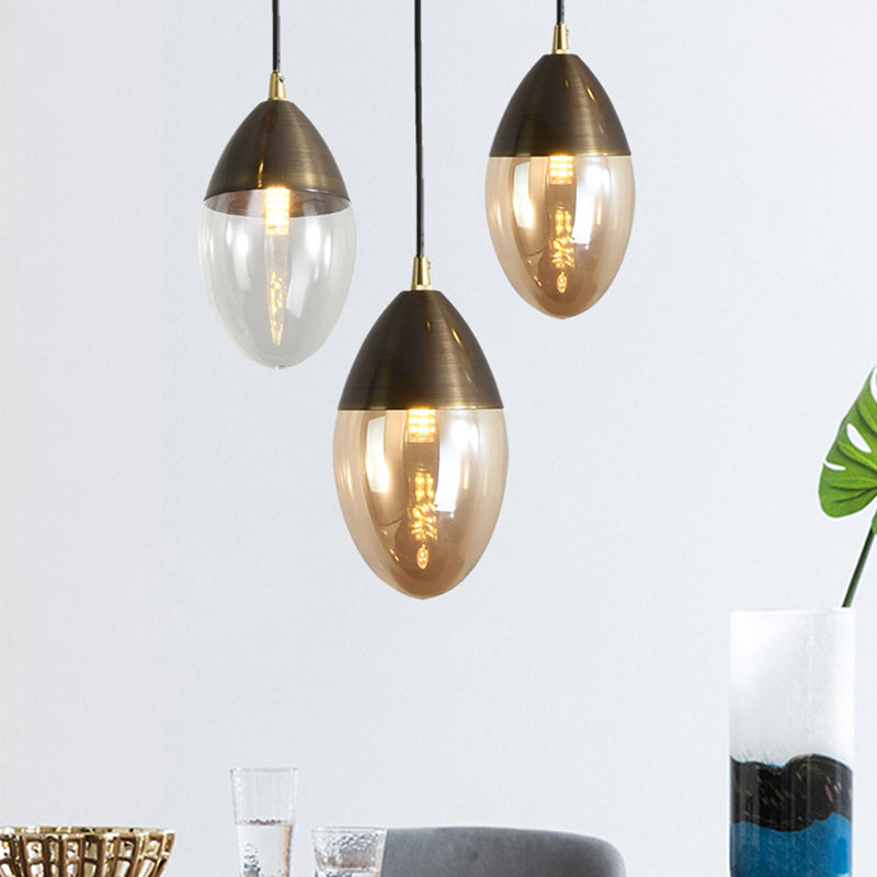 Ellipsoid Suspension Pendant With Clear/Amber Glass - Led Ceiling Hung Light For Dining Room