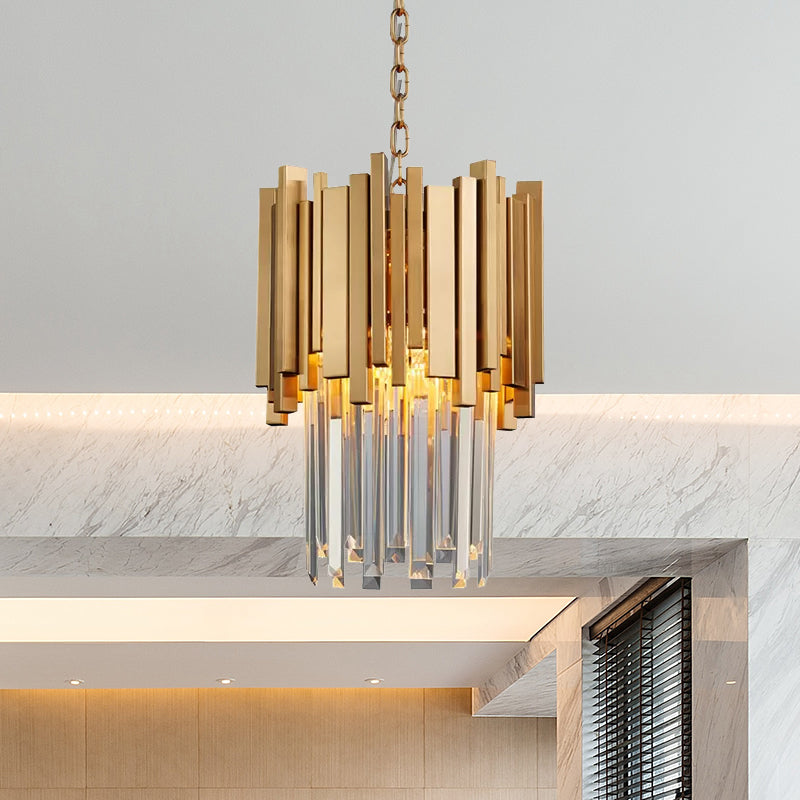 Modern Tiered Pendant Light With Crystal Blocks In Chrome/Gold - 3-Light Metal Hanging Ceiling