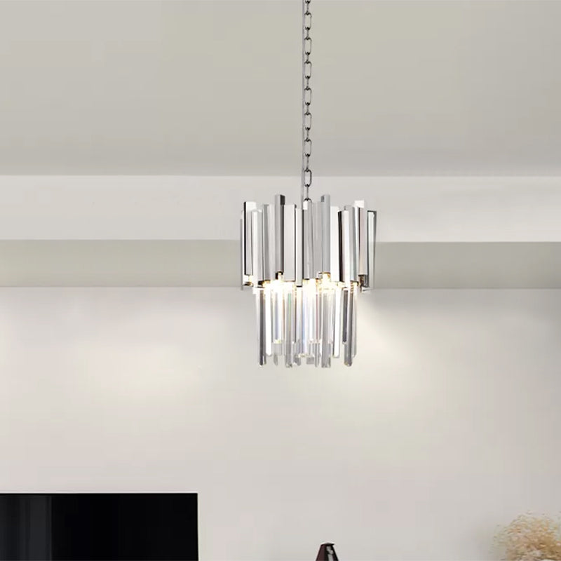 Modern Tiered Pendant Light With Crystal Blocks In Chrome/Gold - 3-Light Metal Hanging Ceiling