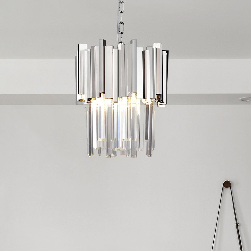 Modern Tiered Pendant Light With Crystal Blocks In Chrome/Gold - 3-Light Metal Hanging Ceiling
