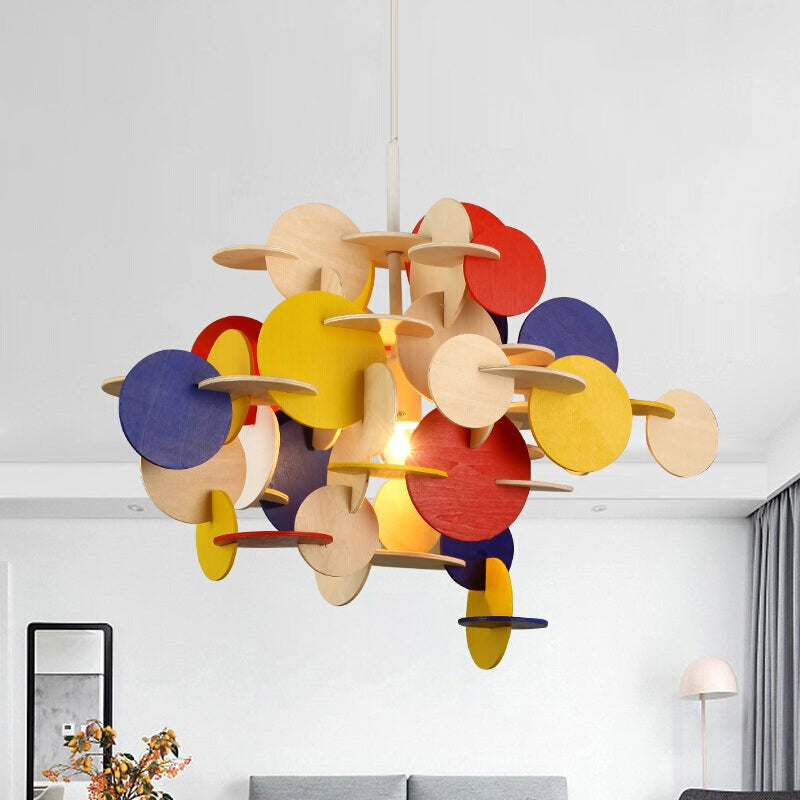 Nordic 1-Light Puzzle Wooden Hanging Lamp For Kids Bedroom - Multicolor/Natural Red-Yellow-Blue