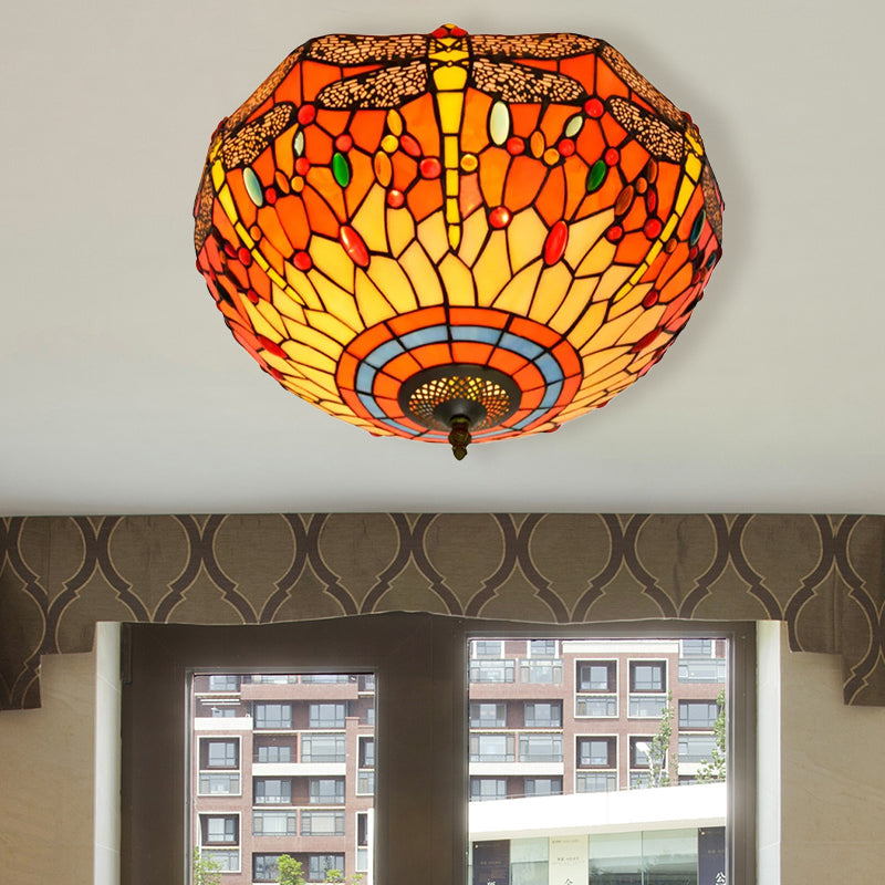 Tiffany Dragonfly Stained Glass Ceiling Lamp - Flush Mount Fixture in Red/Yellow/Orange - Perfect for Living Rooms