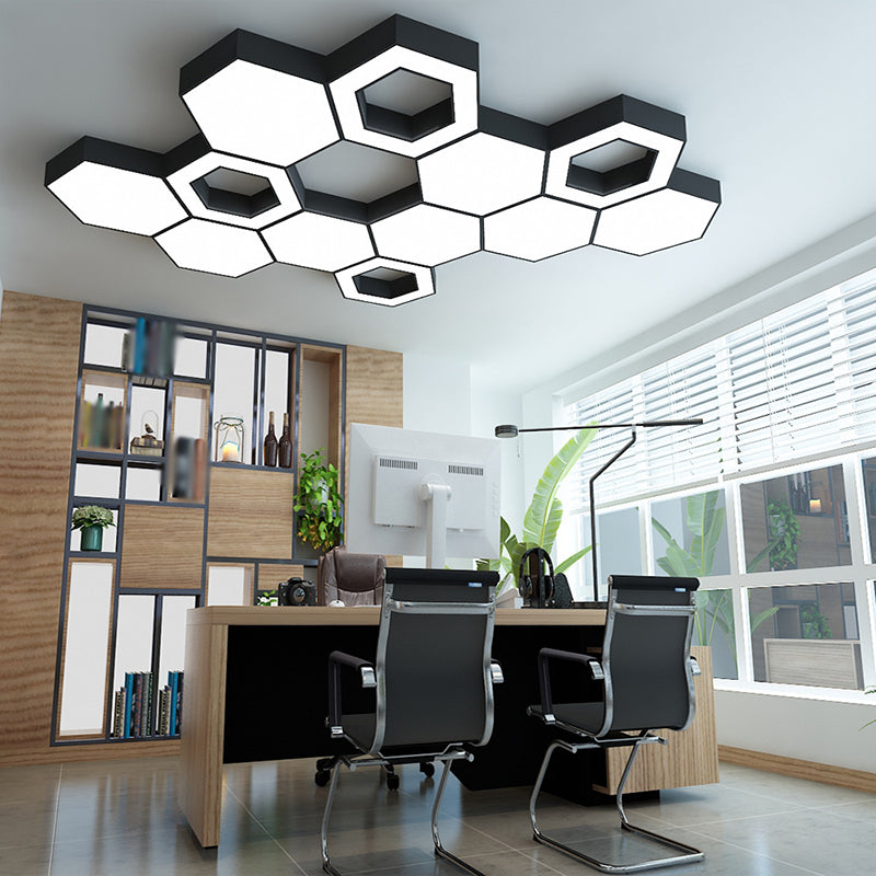 Modern Honeycomb Acrylic LED Ceiling Lamp - Black Flush Mount for Office (18"/23.5"/47" W)