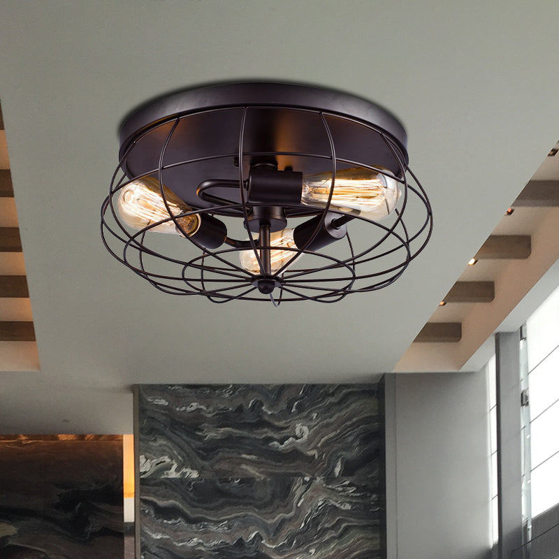 Industrial Black Metal Ceiling Light Fixture - 3-Light Caged Flush Mount For Corridor