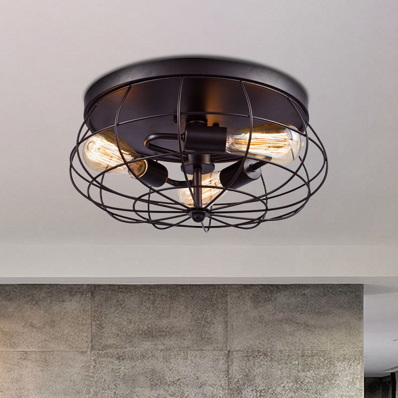 Industrial Black Metal Ceiling Light Fixture - 3-Light Caged Flush Mount for Corridor