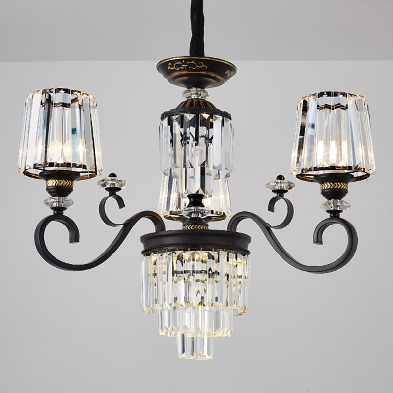 Minimalist 3-Tier Black Crystal Chandelier - 3/6 Lights with Conical Shade