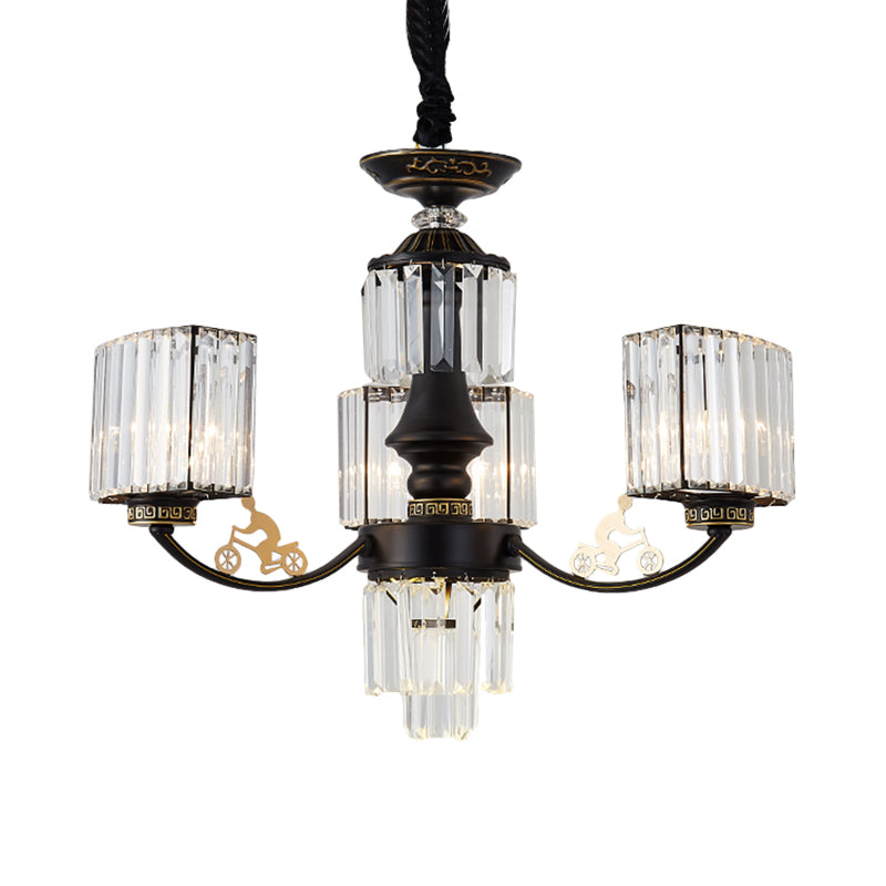 Modern Black Cuboid Chandelier with Clear Crystal Shades - 3/6 Heads Ceiling Light Fixture