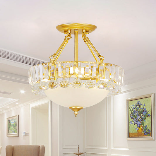 Modern Gold Dome Semi Flush Chandelier with 3 Frosted Glass Heads and Crystal Ball Decoration