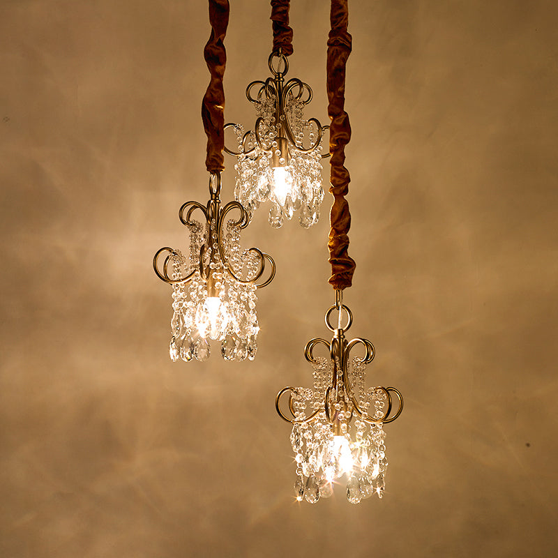 Sleek Metal Curvy Arm Pendant Light - Simplicity, 3 Gold Heads, Crystal Strands