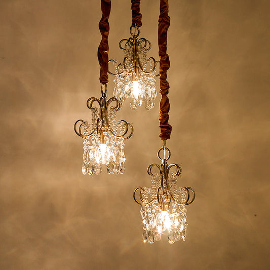 Sleek Metal Curvy Arm Pendant Light - Simplicity, 3 Gold Heads, Crystal Strands
