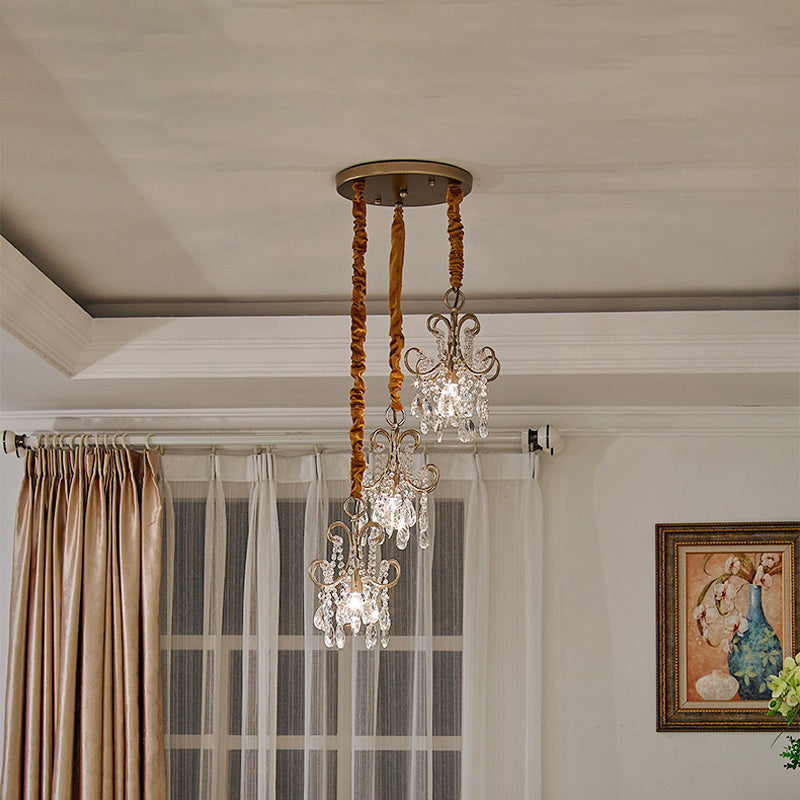Sleek Metal Curvy Arm Pendant Light - Simplicity, 3 Gold Heads, Crystal Strands