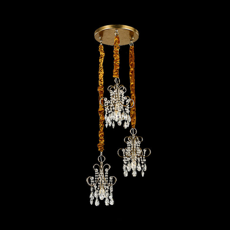 Sleek Metal Curvy Arm Pendant Light - Simplicity, 3 Gold Heads, Crystal Strands
