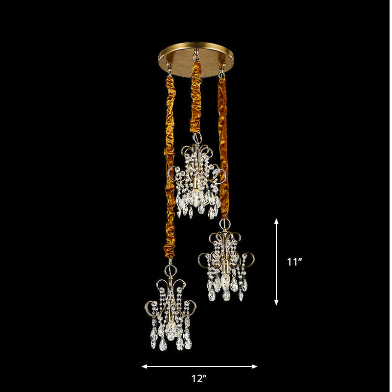 Sleek Metal Curvy Arm Pendant Light - Simplicity, 3 Gold Heads, Crystal Strands