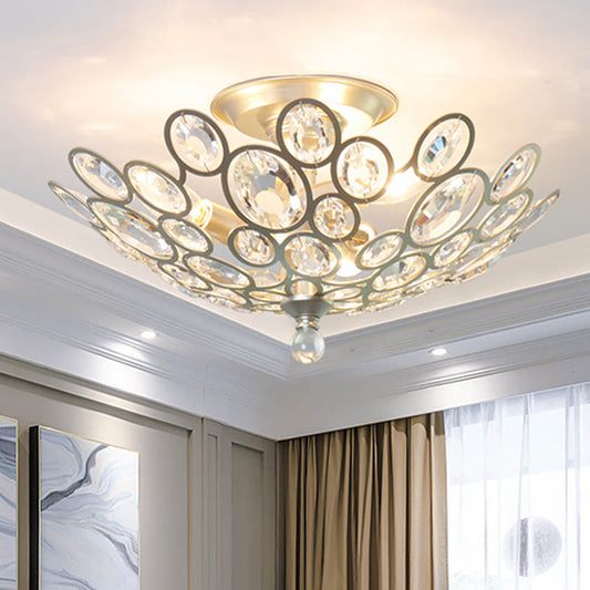 Crystal Flushmount Retro Silver/Gold Bubble Ring Chandelier Lighting - 3-Bulb Clear Faceted, Ideal for Kitchen