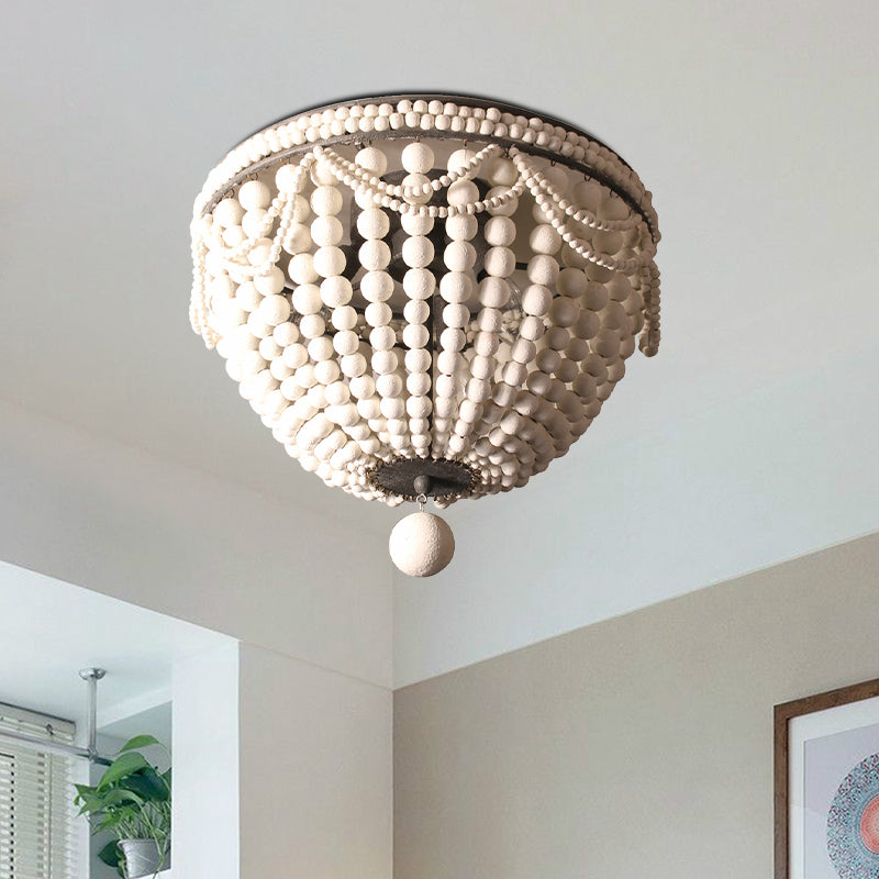Rustic Wood Beaded Dome Flushmount Chandelier - 3 Bulb Ceiling Mount for Dining Table - Pink/White/Blue