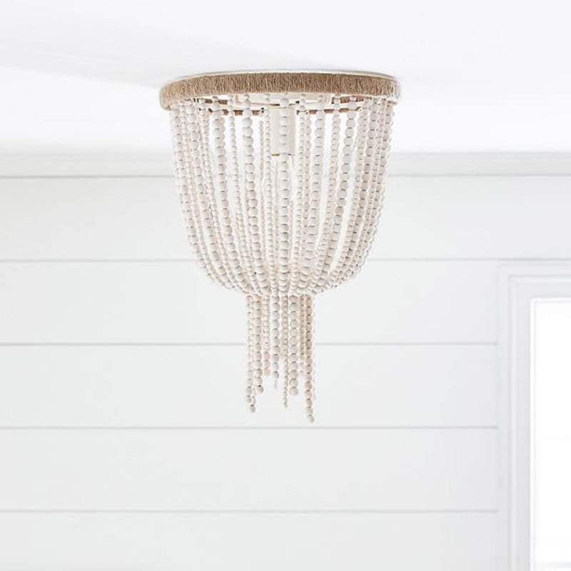 Traditional Flushmount Wood Flush Ceiling Lamp with White Bead Chain - 1 Bulb Bedroom Lighting