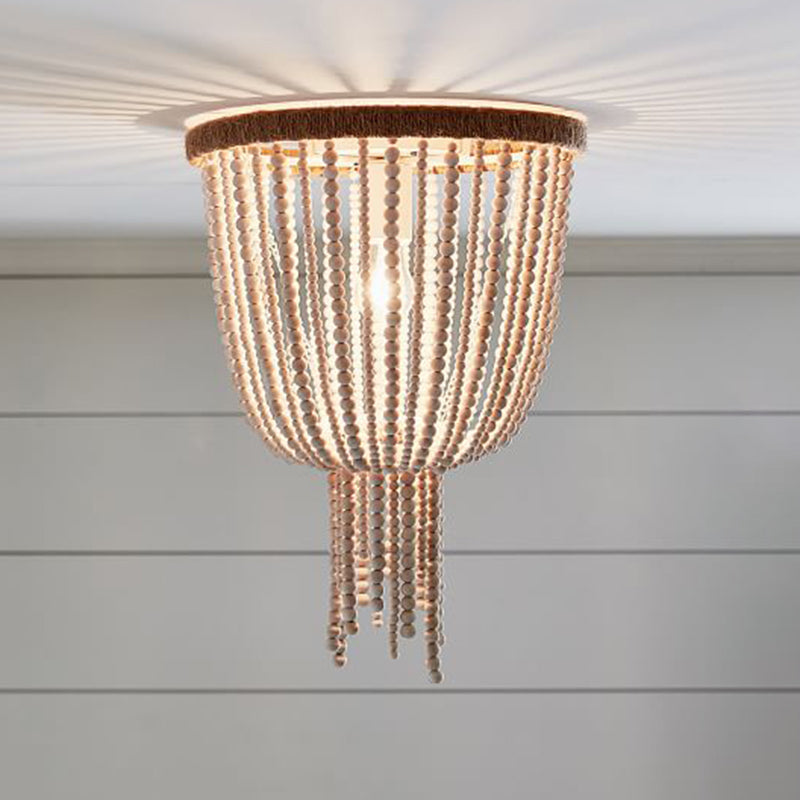 Traditional Flushmount Wood Flush Ceiling Lamp with White Bead Chain - 1 Bulb Bedroom Lighting