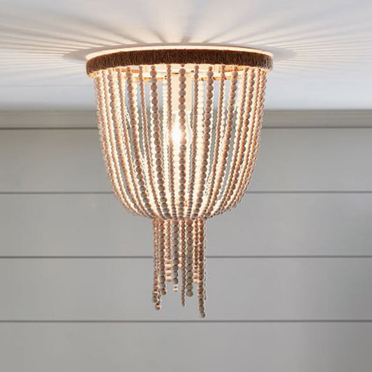 Traditional Flushmount Wood Flush Ceiling Lamp with White Bead Chain - 1 Bulb Bedroom Lighting