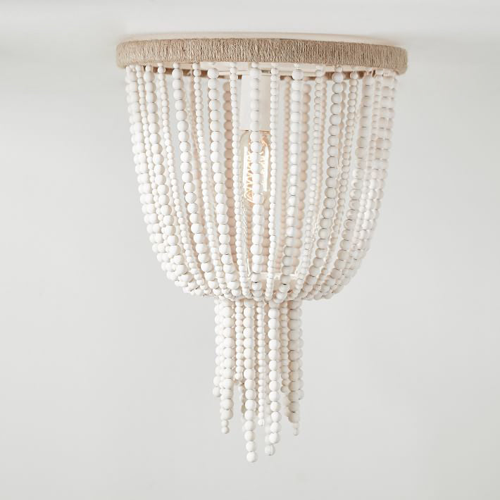 Traditional Flushmount Wood Flush Ceiling Lamp with White Bead Chain - 1 Bulb Bedroom Lighting