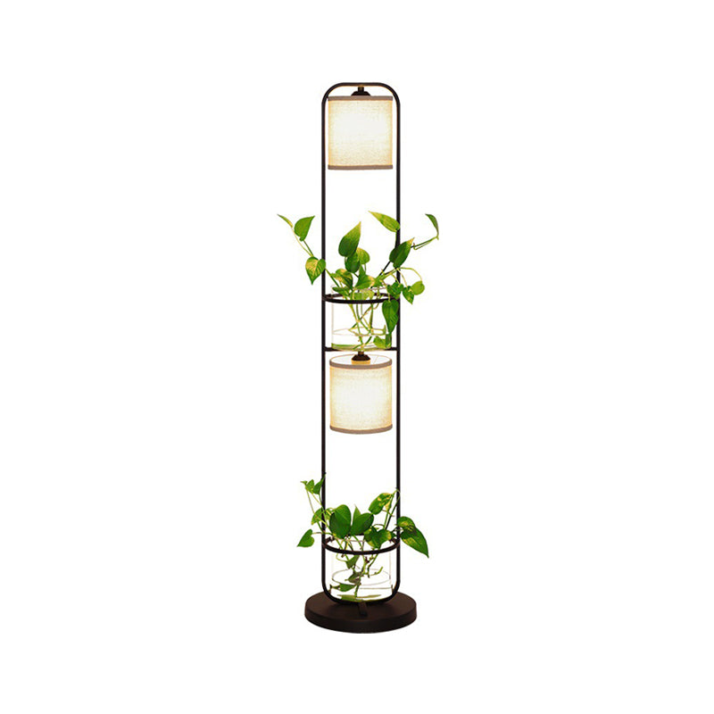 Modern Black Fabric Drum Floor Lamp With Clear Glass Pot Deco - 1/2-Light Lighting For Warehouses
