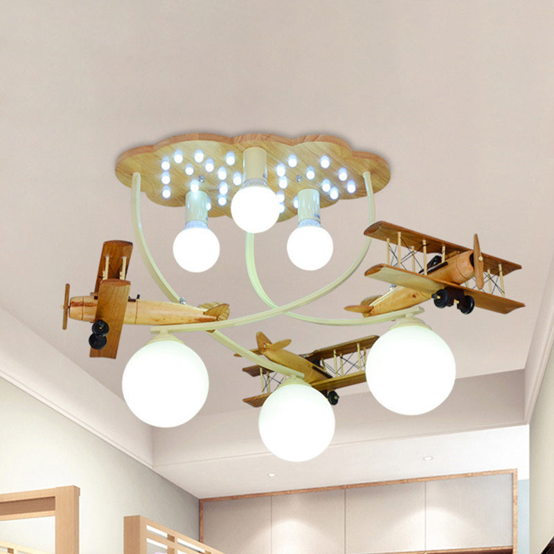 Plafonnier biplan créatif en bois avec 6 têtes en marron pour chambre de garçon - Plafonnier encastré avec abat-jour en verre blanc globe