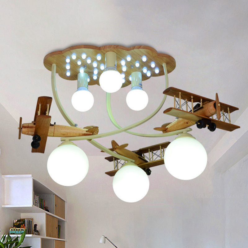 Plafonnier biplan créatif en bois avec 6 têtes en marron pour chambre de garçon - Plafonnier encastré avec abat-jour en verre blanc globe