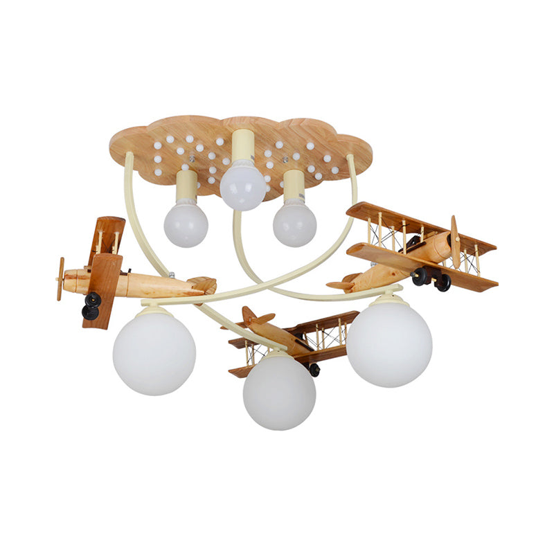 Plafonnier biplan créatif en bois avec 6 têtes en marron pour chambre de garçon - Plafonnier encastré avec abat-jour en verre blanc globe