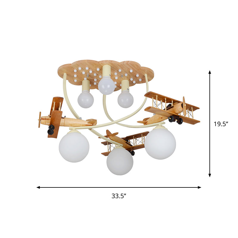 Plafonnier biplan créatif en bois avec 6 têtes en marron pour chambre de garçon - Plafonnier encastré avec abat-jour en verre blanc globe