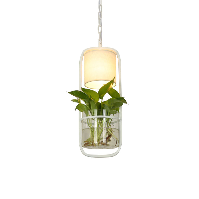 Rustic LED Pendant Light Fixture in Cylinder Shape, Black/White/Gold Fabric, Warm/White Light with Plant Cup