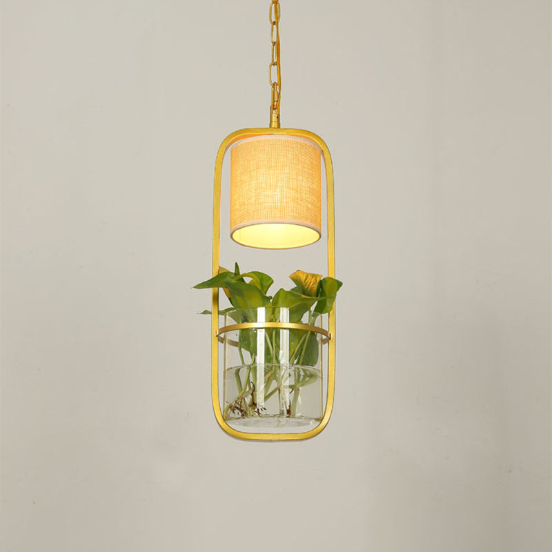 Rustic LED Pendant Light Fixture in Cylinder Shape, Black/White/Gold Fabric, Warm/White Light with Plant Cup