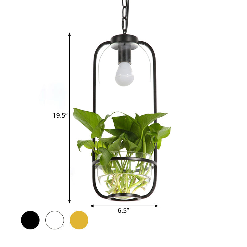 Iron Hanging Farmhouse LED Pendant Lamp in Black/White/Gold with Warm/White Lighting and Plant Pot