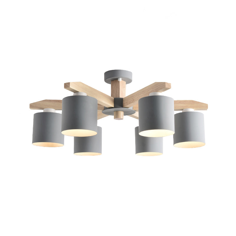 Nordic 6-Head Metal Ceiling Chandelier With Wood Arm In White/Green/Grey