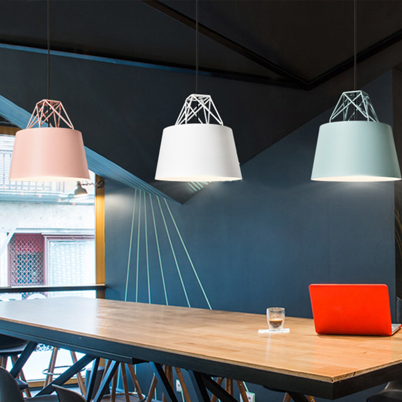 Macaron Drop Pendant Hanging Lamp In White/Pink/Blue With Aluminum Shade And Wire Top
