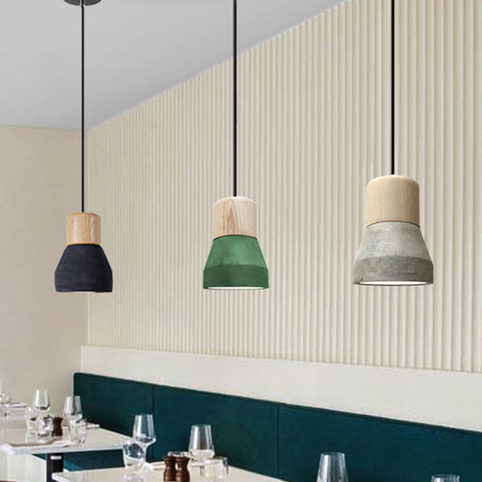Macaron Single Hanging Lamp - Small Cement Bottle Ceiling Pendant Light with Wood Top in Red/Grey/Green