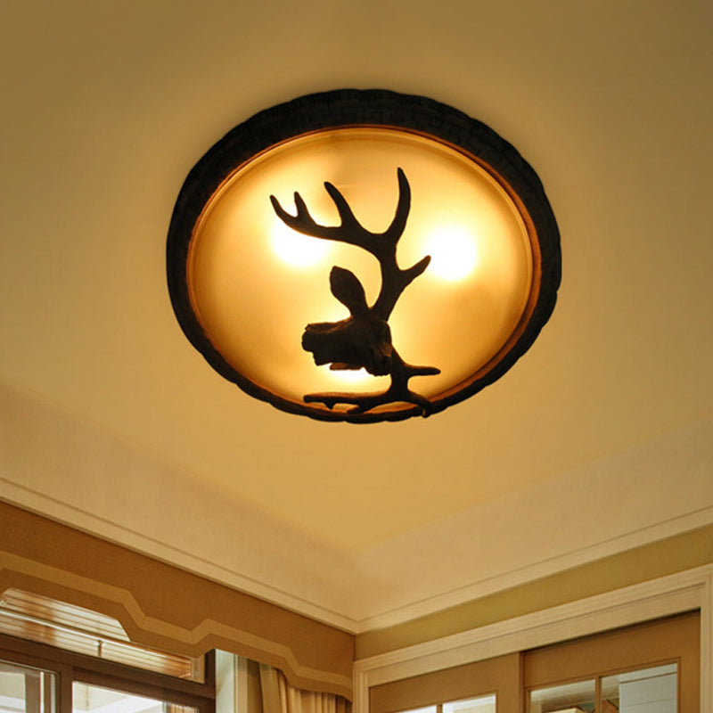 Rustic Domed Tan Glass Flush Light with Deer Head Decor – 3-Bulb Ceiling Fixture, Brown