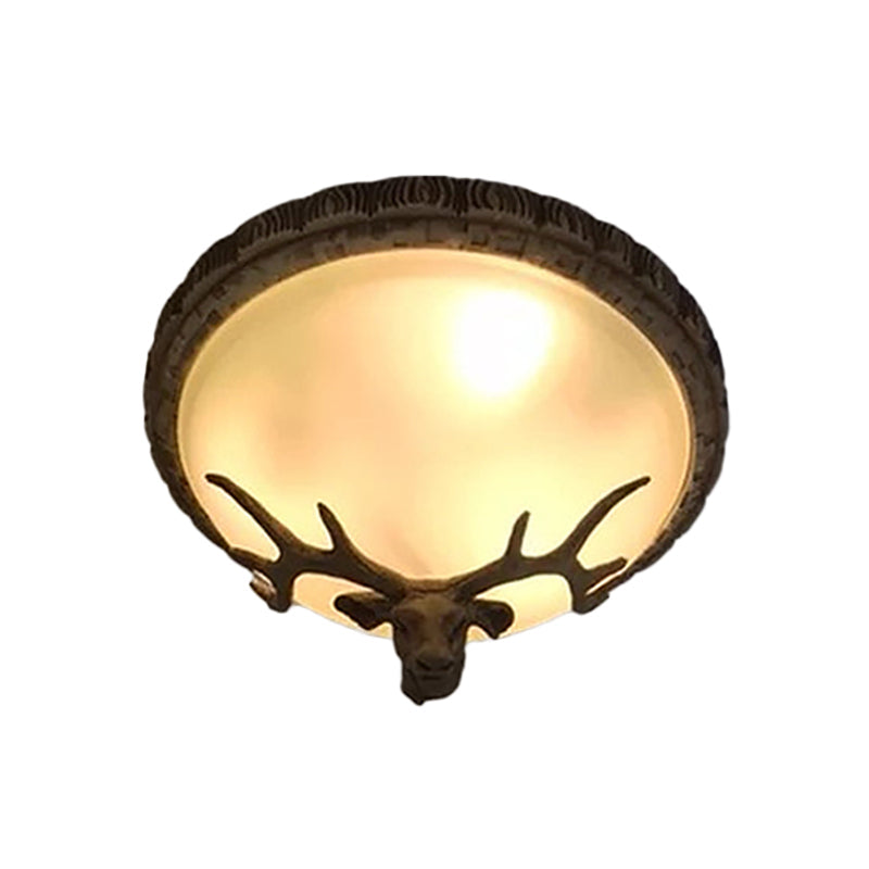 Rustic Domed Tan Glass Flush Light with Deer Head Decor – 3-Bulb Ceiling Fixture, Brown