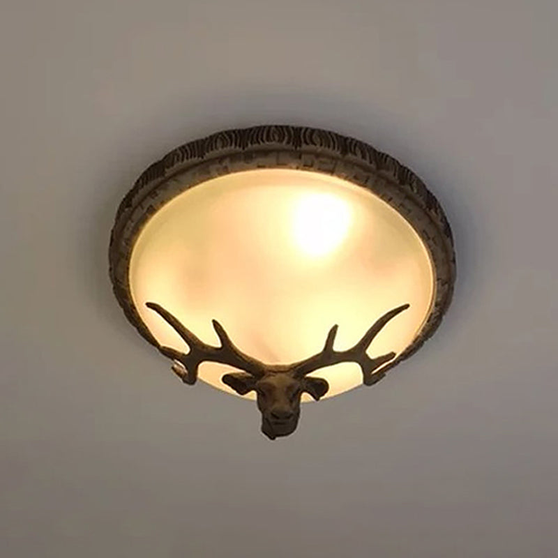 Rustic Domed Tan Glass Flush Light with Deer Head Decor – 3-Bulb Ceiling Fixture, Brown