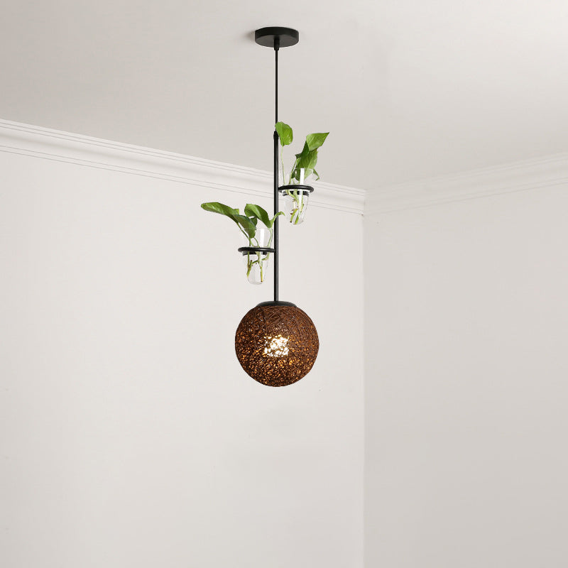Macaron 1-Head Rattan Hanging Ceiling Light In Beige/Red/Pink With Plant Pot - Kitchen Pendant