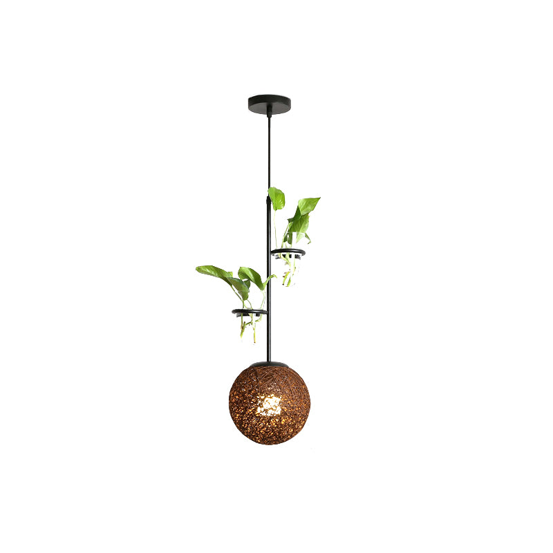 Macaron Rattan Globe Pendant Light with Plant Pot - Beige/Red/Pink