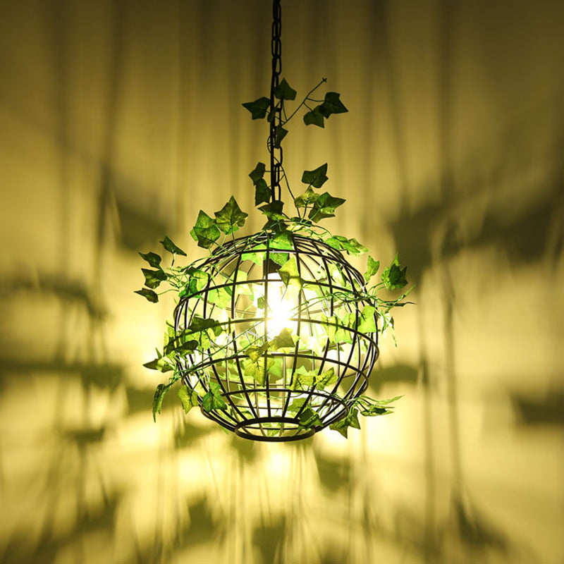 Black Single-Bulb Hanging Light Loft Iron Ceiling Pendant With Art Vine In Orange/Green/Light Green